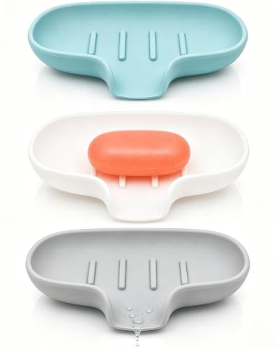 3 Pack Silicone Soap Dish with Drain, Bar Soap Holder for Shower/Bathroom, Self Draining Waterfall Soap Tray/Saver for Kitchen, Keep Soap Dry, Easy to Clean