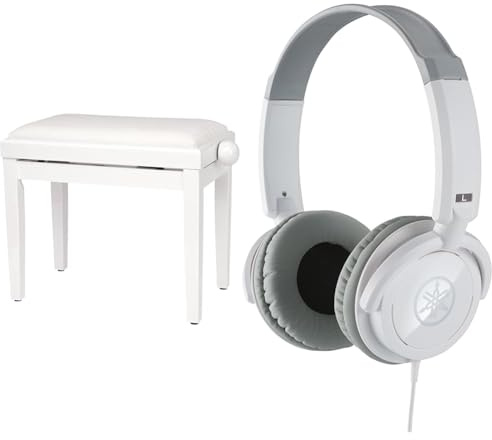 Classic Cantabile Pianobank Weiß-Hochglanz (Höhenverstellbar von 47-56cm, Sitzfläche 55 x 32cm) & Yamaha HPH-100WH Kopfhörer, weiß – Geschlossener On-Ear-Kopfhörer für einzigartigen Sound