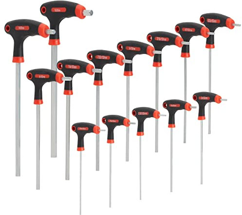 Built Industrial Juego de 14 llaves Allen con mango en T, 7 llaves hexagonales imperiales y 7 métricas (rojo y negro)