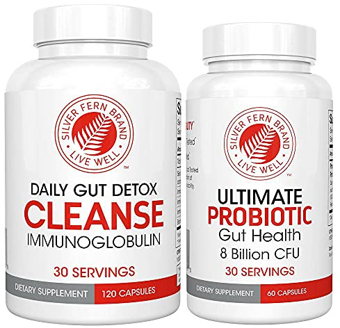 Silver Fern Gut Rehab Kit - 30 Day Supply - Cleanse Daily (1 Bottle = 120 Capsules) & Ultimate Probiotic (1 Bottle = 60 Capsules) - Immunoglobulins & Spore Forming Probiotics