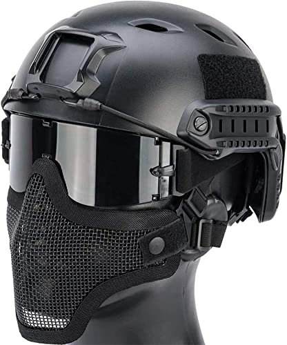 Casco Táctico Fast Airsoft y Media Máscara De Malla De Acero Plegable + Gafas De Seguridad con 3 Lentes, Juego De Paintball Al Aire Libre