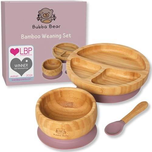 Bubba Bear ® Set di svezzamento per bambini,Piatti, ciotole e cucchiai di bambù per l'alimentazione a LED del bambino, ciotola e cucchiaio per bambini dai 6 mesi,Bavaglino BLW per bambini opzionale