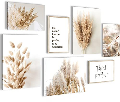 Novart Wandbilder Boho Pampasgras - KOMPLETT AUFHÄNGFERTIG - Beige Wohnzimmer Schlafzimmer - 7 Moderne Mood-Bilder - N005671a