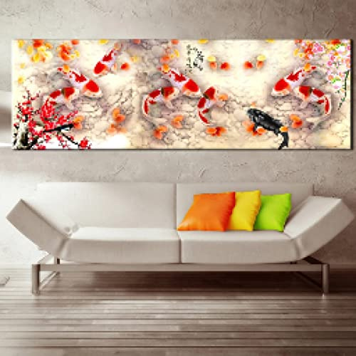 Estilo chino Flor de cerezo Koi Fish Pintura Lienzo Arte de la pared Impresiones de imágenes Carteles Imágenes para la sala de estar Decoración para el hogar 30x90 cm Sin marco