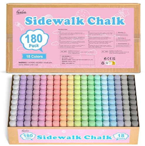 feela 180 Pack Sidewalk Chalk, Sidewalk Chalk Set For Kids Jumbo Chalk Bulk, Great for Kids Family, Paint on Sidewalk Wall School Driveway Blackboard Street Playground, 18 Colors