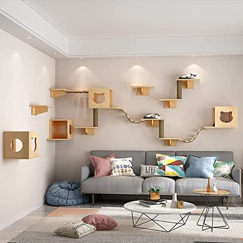 Cat Wall Shelf, Cat Activity Tree, Solid Wood Wall Mounted Cat Shelves, Indoor Modern Tree House Set for Sleeping Playing Climbing and Lounging (Color : Package D)