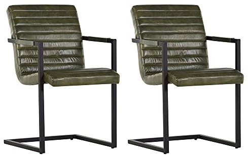 Lomadox Armlehnenstuhl 2er-Set Echtleder Freischwinger in grün mit schwarz lackiertem Metallgestell, B/H/T: ca. 52/87/64 cm