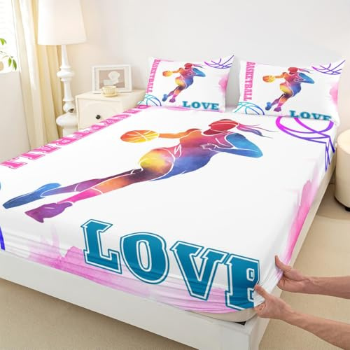 Basketball Lovers Kids Fitted Sheet Twin Size,Modern Sports Games Competition Bedding Set,Girls Boys Adults Room Decor,Hand Painted Fashion Bed Cover,Pink Purple Bed Sheet,1 Pillowcase