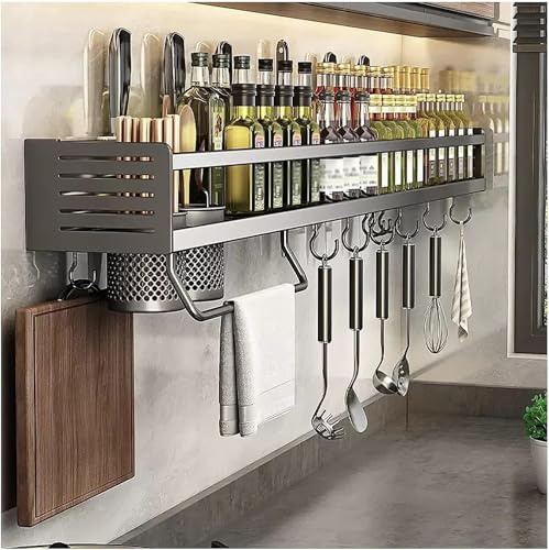 Ganekihedy Porte-épices,Support Rangement Ustensiles de Cuisine Mural avec 6 crochets amovibles,Étagère de Cuisine Porte-Casserole Murale Sans Perçage,Aluminium, Antirouille,60x13x10cm