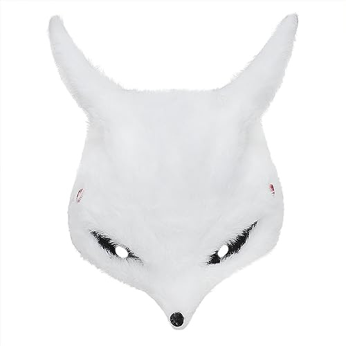 JIAHG Masque de Renard Halloween Carnaval Demi-visage Masque Animal Masque Démon de Renard Lapin en Longue Fausse Fourrure Blanche Masque de Fête Spectacle Déguisement Mascarade Soirée Bal