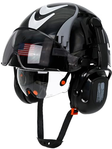 Aolamegs Safe Black Hard Hat with Dual Visor and Hearing Protection-OSHA Approved Construction Hard Hats with Visor Sunglasses Earmuffs for Men,Vented Chainsaw Helmet with Chin Straps