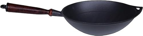 57x30 cm - Pentola Wok con Manico Legno Fondo Tondo | Ghisa smaltata
