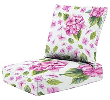 kissen, 2-teiliges Set mit tiefen Sitzkissen, Blumenmuster, nahtlos, Aquarell, Rosa, Hortensien, Blumen, Blätter, Esszimmerstuhl, Bank, Ersatz-Tiefsitzkissen für Innen- und Außenterrassenmöb
