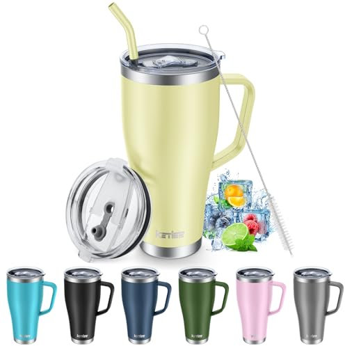 KETIEE Thermobecher mit Strohhalm 850ml-Kaffeebecher to go mit 2 Deckeln 30oz Edelstahl Isolierbecher mit Griff Autobecher Trinkbecher Tumbler Kaffeetasse für Heißer und Kalter Getränke,Milchgelb