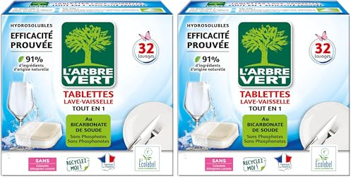 L'Arbre Vert Tablettes Lave-Vaisselle, Hydrosolubles, 32 unités (Lot de 2)