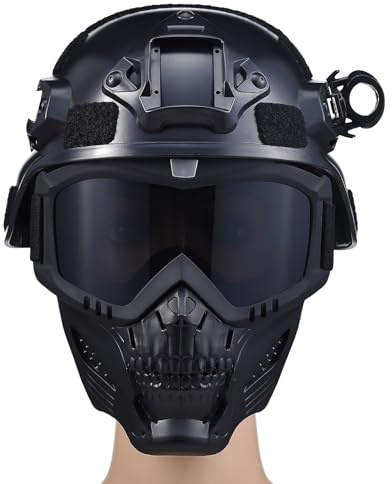 Airsoft Helmet and Mask,Tactical Airsoft Helmet and Full Face Fox Mask Set - Black Paintball Gear with Detachable Goggles, NVG Mount, and Side Rails