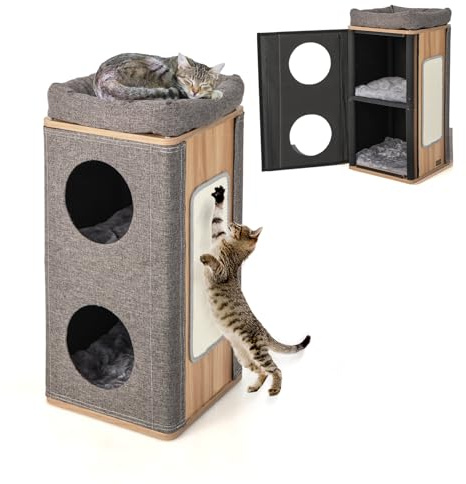 FANTASK 3-stöckige Katzenhöhle Katzenfass, Katzenhaus mit Kratzbrett & 3 Matten, Spielfass für Katzen bis 20 kg, Katzenturm Kratzbaum Katzenmöbel
