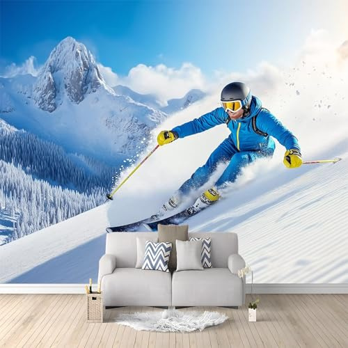 Papier Peint intissé Ski De Montagne Sur Neige 350x256 cm Papier Peint Photo Panoramique, Poster Geant Mural Personnalisé 3D, pour Salon Cuisines Chambre Adulte Enfant Décor Murale