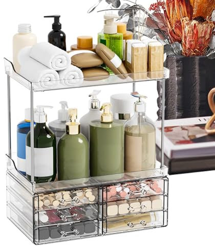 Badezimmer-Theken-Organizer – 1300 g Make-up-Organizer mit Schubladen, 2-stufiger Aufbewahrungshalter mit Schubladen | 11,02 x 6,61 x 18,9 Zoll Mehrzweck-Schönheitsständer, Make-up-Organizer