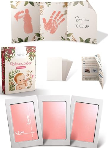 ABDRUCKZAUBER Original Baby Abdruckset 0-6 Monate I rosa Handabdruck Set & Fußabdruck Baby I Personalisiertes Geschenk Baby I Inkl. 3 Stempelpads, 3 Abdruckkarten & 1 liebevolle Faltkarte