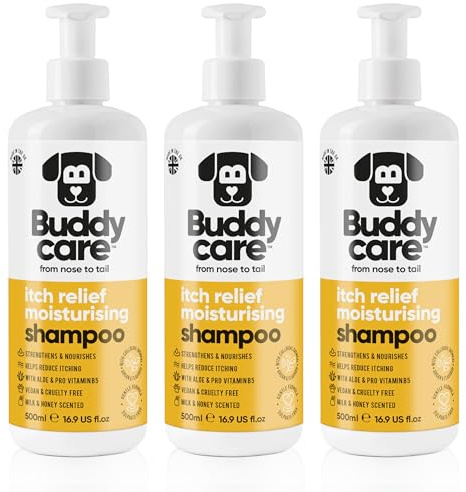 Buddycare anti-klåda fuktgivande schampo för hundar | djuprengörande schampo | mjölk och honungsdoft | Aloe Vera och Pro-Vitamin B5 (500 ml x 3)