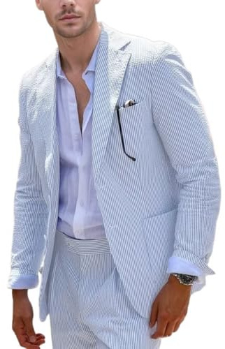 Aowdoy Mens Seersucker Suits 2 Pieces Casual Blue Sear Suit Suits for Men Slim Fit Summer Beach Wedding Party Suit Jacket Pants Light Blue 4XL