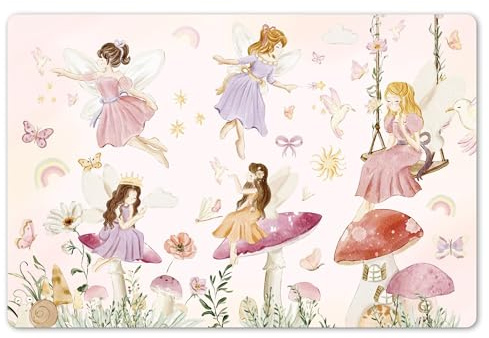 KitchenYeah© Set de 6 Manteles Individuales PVC 45x30 cm Salvamanteles Plástico Tapete para Mesa Comedor Moderno y Lavable Placemat Hadas - Princesas - Flores - Niñas - Rosa - Niños