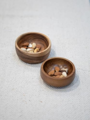 Vayu Earth Set of 2 Premium Hand-Turned Acacia Wooden Bowls | Small Round Serving & Dipping Bowls for Snacks, Chips, Sauces (9 x 9 x 5 cm)