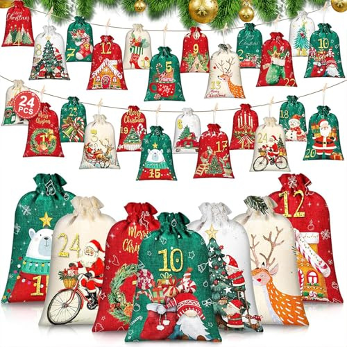 Gigmeta 24 Stk Adventskalender zum Befüllen, Stoff Adventstüten, 18 x 12/15 x 10 cm Gedruckte Stoffbeutel Kinder Weihnachtskalender, Groß Adventstüten zum Selber Befüllen, Adventskalender 2025 Kinder
