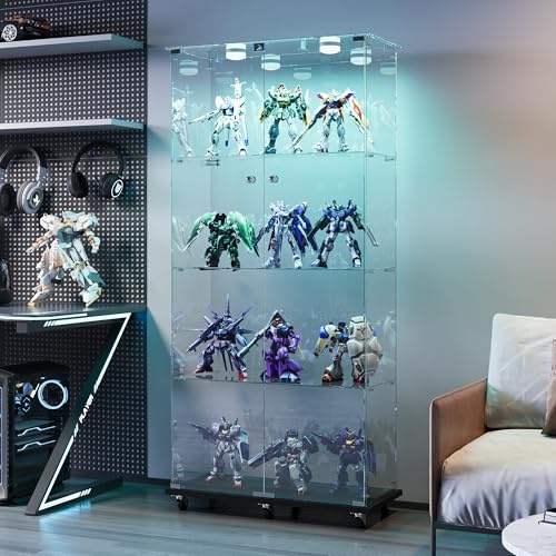 Visningsskåp för stora samlingar, glasskåp med ljus 163 x 35 x 78,5 cm displayskåp med hjul och led 2 dörrar 4 hyllor transparent monter (2dörr 4, svart A+hjul)
