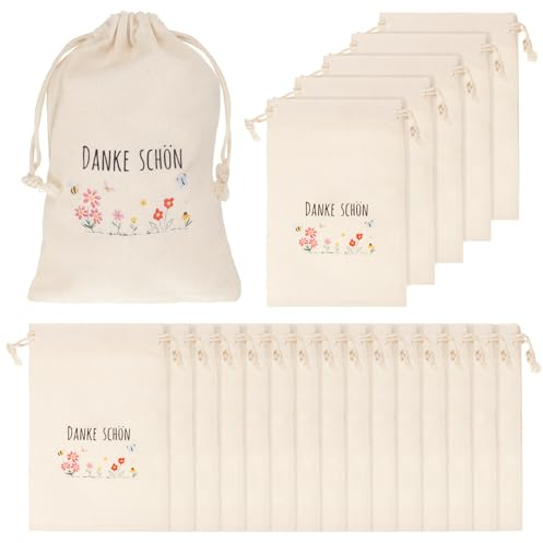 20 Stück Danke Schön Geschenke, Geschenktüten Kleine Tütchen für Taufe, Geburtstag, Einschulung, Weihnachtstag Hochzeit Mitgebsel Stoffbeutel mit Kordelzug für Kollegen Gastgeschenke (15x20cm)