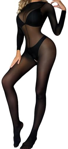 ROSVAJFY Bodystocking Damen Sexy Transparenter Netz Bodysuit Langen Ärmeln Elastische Ganzkörper Strumpfhose Full Body Stockings Frauen Netzstrumpfhose Reizwäsche für Partys Weihnachten (Schwarz)
