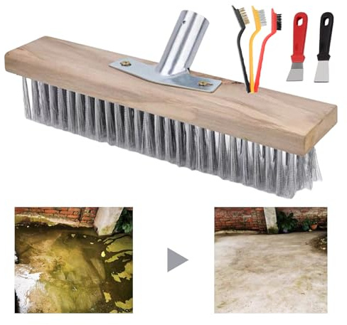 Balai métallique – Ensemble de balais de jardin en acier inoxydable robuste | et élimination de la mousse, brosse à récurer à long manche avec outil de pelle | Nettoyeur de terrasse extérieur (168