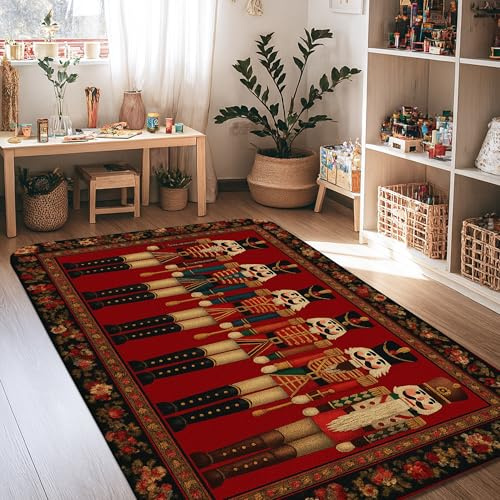 Nutcracker Area Rug, Christmas Festive Drummer Soldier Christmas Red Low Pile Foam Aesthetic Rectangle Home Floor Carpet Rugs for Living Room Bedroom Under Bed Apartment Decor 4' X 6'