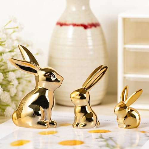 Osterdeko Golden Hase Figuren, 3er Ostern Deko Osterhase Figuren aus Keramik, Osterdeko Modern Osterhasen Deko zum Hinstellen, Frühlingsdeko Hasenfigur Ostern Tischdeko für Oster Frühling Dekor (A)