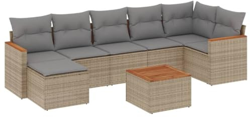 Owoxanthellate 8-TLG. Rattan Gartenmöbel Set Beige Akazienholz Sofa Eckbank Gruppe für Garten Terrasse Balkon 62x62x69 cm UV-beständig Stauraum Moderner Lounge Look im Freien