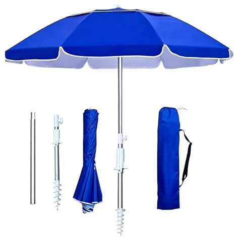 Parasol De Plage Portable 2m Avec Ancre À Sable, Protection Solaire UPF 50+, Parasol Pliable Télescopique 3 Sections, Inclinaison Réglable Pour Voyage, Camping, Terrasse, Jardin, Piscine(Dark blue)