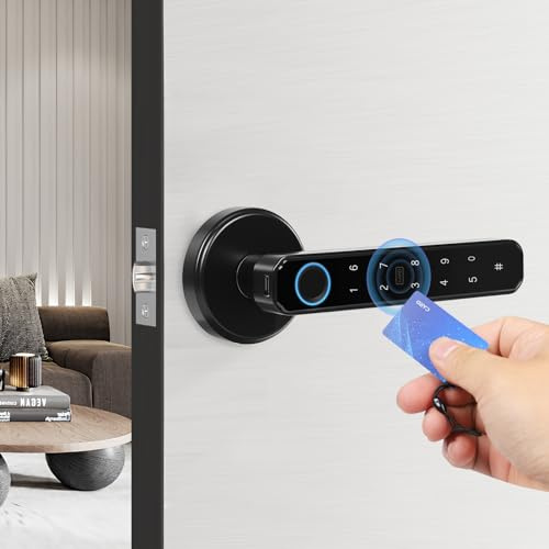 OUKANING Smart Door Handle Lock Fingerprint Door Lock with Password Keypad,2 IC Cards &2 Keys Included,200 Credentials Storage, Aluminium Alloy Door Locks for Bedrooms,Home Office Security,Black
