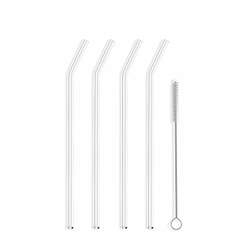 Hummingbird Glass Straws Clear 9 x 7 mm Long Reusable Straw Designed for Yeti and Starbucks Style Tumblers Made Wth Pride in USA - 4 Pack With Cleaning Brush (Bent)