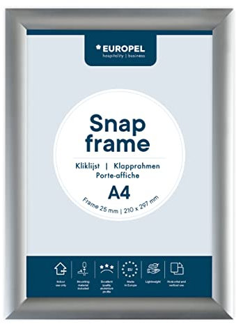 EUROPEL Cadre clipsable A4 aluminium couleur argent, profil 25x11 mm, dimensions 210x297mm, porte-affiche, hôtel, bureau, restaurant, menus, réclame, message