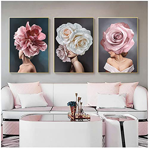 HYFBH Leinwandbilder Wandkunst Rosa weiße Blume Dame Poster Mode abstrakte Frau drucken Wandbild moderne Wohnkultur 60x80cm (23,6x31,5 Zoll) x3 mit Rahmen