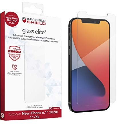 ZAGG InvisibleShield Glass Elite+ para Apple iPhone 12/12 Pro/11/XR (pantalla), antimicrobiano, protección contra impactos, sin manchas, resistente a los arañazos