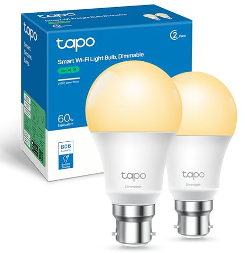 Tapo L510B (2-Pack) Smart Bulb, B22 LED Light Bulb, Alexa Light Bulbs, Dimmable Bulb,Energy Monitoring, 8.3W (60W), Schedule & Timer, Away Mode, Energy Saving, Voice Control with Alexa&Google