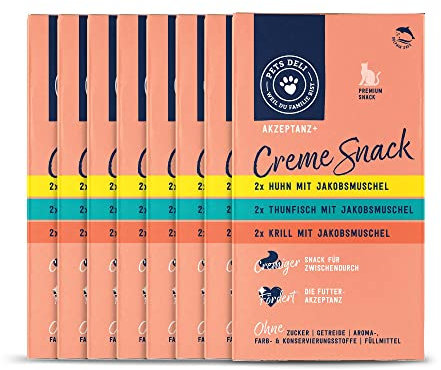 Pets Deli Multipack Cremesnack für Katzen mit Huhn, Thunfisch und Krill ohne Gluten und Zucker 8 x 90g