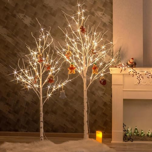 EAMBRITE White Christmas Twig Trees Set of 6FT, 5FT Birch Tree with Warm White LEDs Timer Mains Powered with Waterproof Adaptor for Outdoor and Indoor Christmas Decorations
