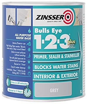 Zinsser BULLS EYE 1-2-3 *PLUS*** 1 litre Ready Mixed Colour - Grey | Water-based primer, sealer and stain blocker with strong adhesion to interior and exterior substrates.