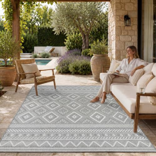 Paco Home Outdoor Teppich, Wetterfest, UV-beständig & Pflegeleicht, Flachgewebe Modern Boho-Style. Ideal für Terrasse Balkon Wohnzimmer & Küche, Grösse:300x400 cm, Farbe:Grau 2