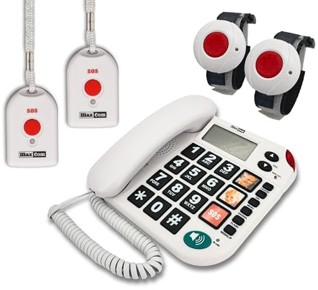 G-TELWARE MAXCOM KXT481SOS 2023-2024er Modell Haus Notruf Seniorentelefon mit Funk-SOS-Sender, Festnetztelefon - 2 Armbandsender + 2 Handsender mit Schlaufe, Carbonschwarz, Standard