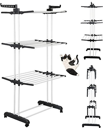 HUOLE Étendoir à Linge Pliable, Séchoir à Linge 4 Niveaux, acec Ailes Latérales Extensibles, avec Roues pour Intérieur Extérieur et Buanderie (75 * 64 * 170 cm (Noir + Blanc))