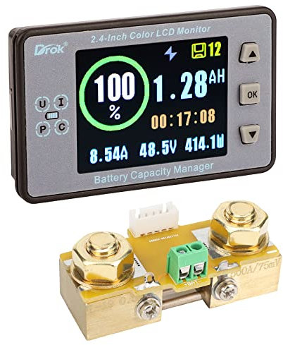 DROK Battery Coulometer, DC 8-100V 500A Split Type Multi Tester 12V 24V 36V 48V 60V Coulometer Watt Meter, Capacity Percentage Time Power Voltmeter Ampmeter for RV Solar Panel Golf Cart Car Audio
